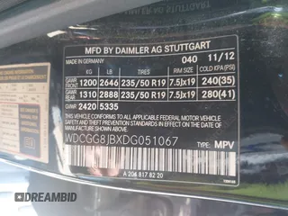 2013 Mercedes-Benz GLK with VIN WDCGG8JBXDG051067, listed as a IAAI auction lot 42107151 with 123,576 mi miles. Bid and sale history available at carsss.com. Image 9.