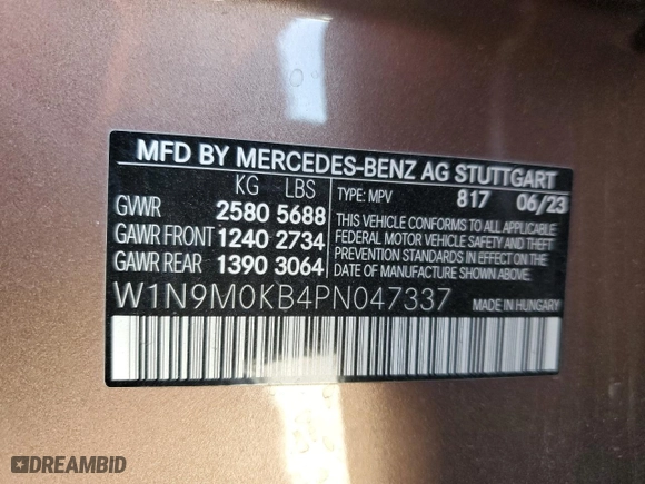 2023 Mercedes-Benz EQB with VIN W1N9M0KB4PN047337, listed as a Copart auction lot 55508124 with 13,537 mi miles and Salvage Title. Bid and sale history available at carsss.com. Image 15.