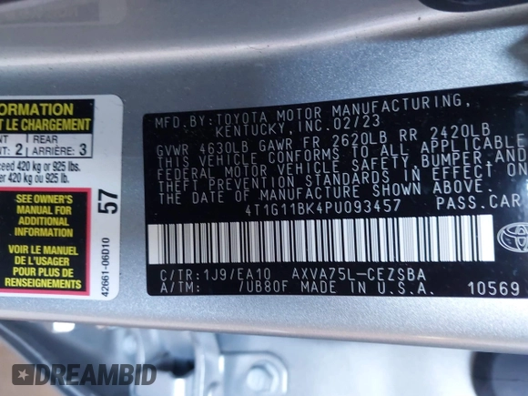 2023 Toyota Camry SE z VIN 4T1G11BK4PU093457, wystawiony jako IAAI lot #42061933 z przebiegiem 21 275 mil mil oraz . Historia ofert i sprzedaży dostępna na DreamBid. Obrazek 9.