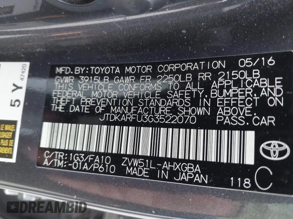 2016 Toyota Prius Four with VIN JTDKARFU3G3522070, listed as a IAAI auction lot 41119582 with 188,816 mi miles. Bid and sale history available at carsss.com. Image 9.