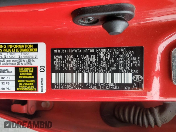 2010 Toyota Matrix S z VIN 2T1KE4EE6AC037891, wystawiony jako Copart lot #59779215 z przebiegiem 123 597 mil mil oraz Szkoda całkowita • Salvage title. Historia ofert i sprzedaży dostępna na DreamBid. Obrazek 12.