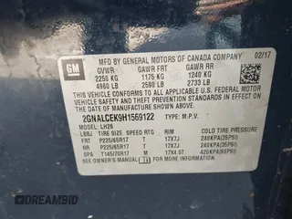 2017 Chevrolet Equinox LT with VIN 2GNALCEK9H1569122, listed as a IAAI auction lot 41780682 with 37,533 mi miles and . Bid and sale history available at DreamBid. Image 9.