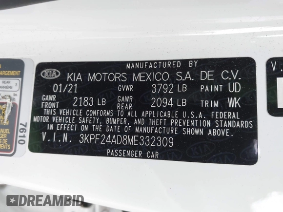 2021 Kia Forte LXS with VIN 3KPF24AD8ME332309, listed as a IAAI auction lot 41885851 with 27,395 mi miles. Bid and sale history available at carsss.com. Image 9.