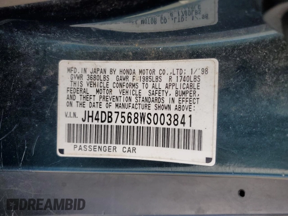 1998 Acura Integra z VIN JH4DB7568WS003841, wystawiony jako Copart lot #53402765 z przebiegiem 165 169 mil mil oraz Szkoda całkowita • Salvage title. Historia ofert i sprzedaży dostępna na DreamBid. Obrazek 12.