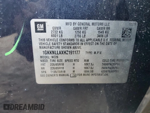 2017 GMC Acadia SLE with VIN 1GKKNLLAXHZ191177, listed as a Copart auction lot 49694455 with 128,002 mi miles and Salvage Title. Bid and sale history available at carsss.com. Image 13.