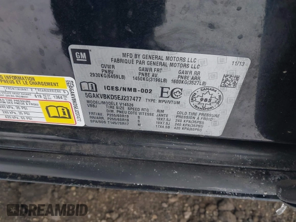 2014 Buick Enclave Leather with VIN 5GAKVBKD5EJ237477, listed as a IAAI auction lot 41402244 with 117,450 mi miles and . Bid and sale history available at DreamBid. Image 9.
