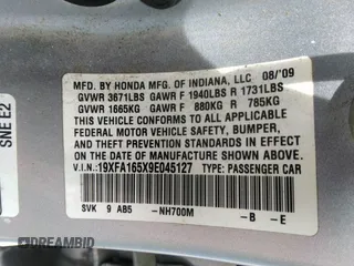 2009 Honda Civic LX z VIN 19XFA165X9E045127, wystawiony jako IAAI lot #42263412 z przebiegiem 208 762 mil mil oraz . Historia ofert i sprzedaży dostępna na DreamBid. Obrazek 9.