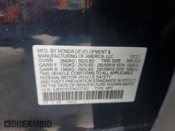 2022 Acura MDX с VIN 5J8YE1H37NL037062, выставлен на аукционе Copart как лот 56418195 с пробегом 46 330 миль миль и Чистый • Clean title. История ставок и продаж доступна на DreamBid. Изображение 12.