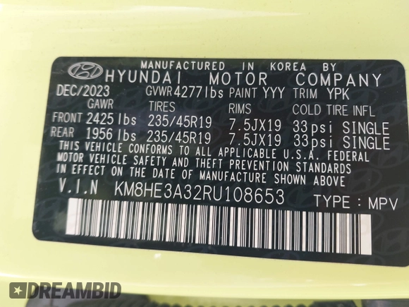 2024 Hyundai Kona Limited with VIN KM8HE3A32RU108653, listed as a IAAI auction lot 41550477 with 9,338 mi miles. Bid and sale history available at carsss.com. Image 9.