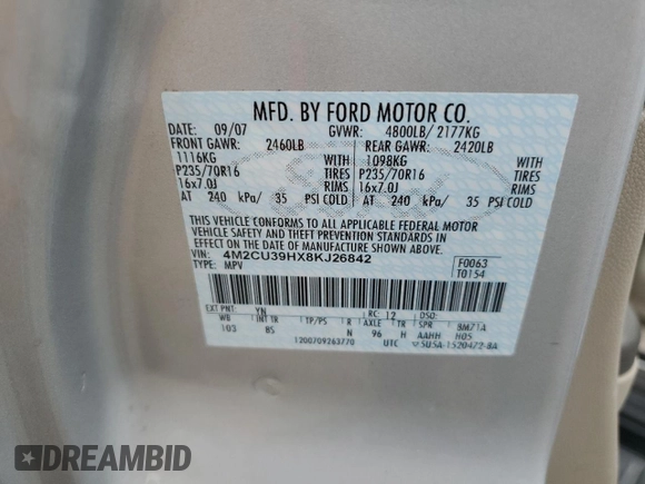 2008 Mercury Mariner with VIN 4M2CU39HX8KJ26842, listed as a Copart auction lot 81341624 with 193,516 mi miles and Clean title. Bid and sale history available at DreamBid. Image 13.