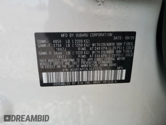 2020 Subaru Outback Touring с VIN 4S4BTAPC0L3271273, выставлен на аукционе Copart как лот 57620535 с пробегом 61 626 миль миль и Списание • Salvage title. История ставок и продаж доступна на DreamBid. Изображение 13.