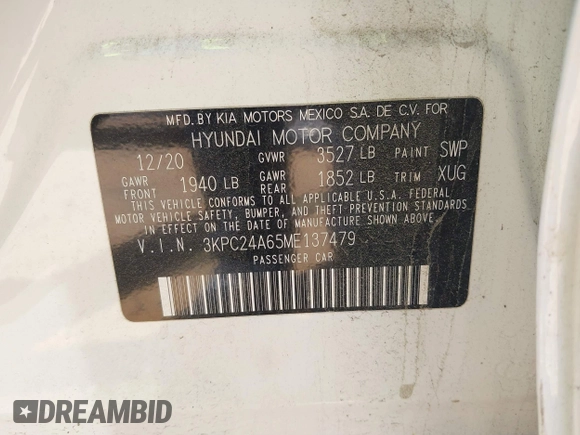 2021 Hyundai Accent SE with VIN 3KPC24A65ME137479, listed as a IAAI auction lot 41951290 with 32,636 mi miles and . Bid and sale history available at DreamBid. Image 9.