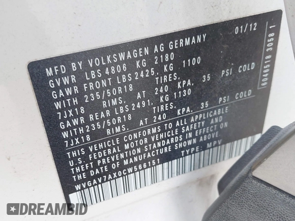 2012 Volkswagen Tiguan S with VIN WVGAV7AX0CW566151, listed as a IAAI auction lot 42826985 with 121,185 mi miles and . Bid and sale history available at DreamBid. Image 9.