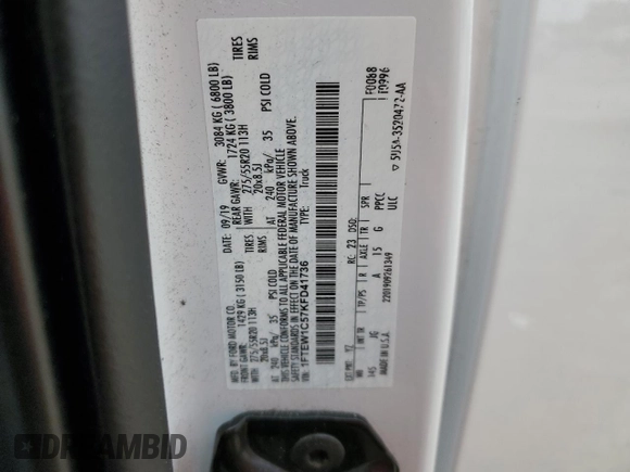 2019 Ford F-150 XL with VIN 1FTEW1C57KFD41736, listed as a Copart auction lot 50130005 with Not Provided miles and Non Repairable. Bid and sale history available at carsss.com. Image 15.