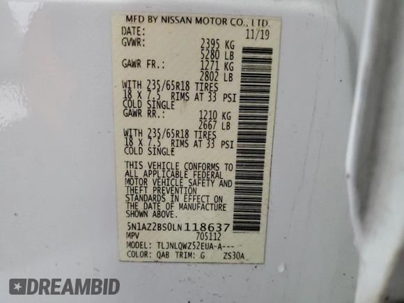 2020 Nissan Murano SV with VIN 5N1AZ2BS0LN118637, listed as a Copart auction lot 44741125 with 141,518 mi miles and Salvage Title. Bid and sale history available at DreamBid. Image 13.