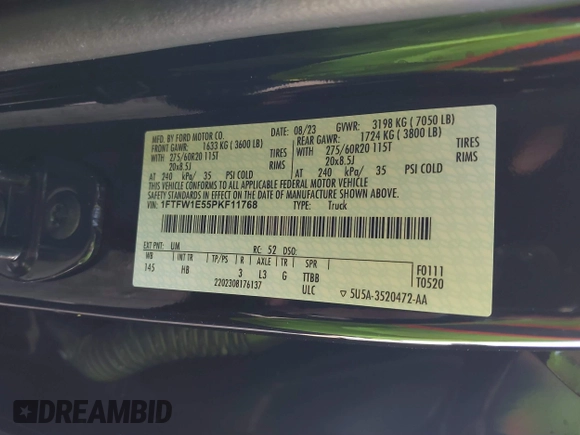 2023 Ford F-150 XL with VIN 1FTFW1E55PKF11768, listed as a IAAI auction lot 41073077 with Not provided miles and . Bid and sale history available at DreamBid. Image 9.