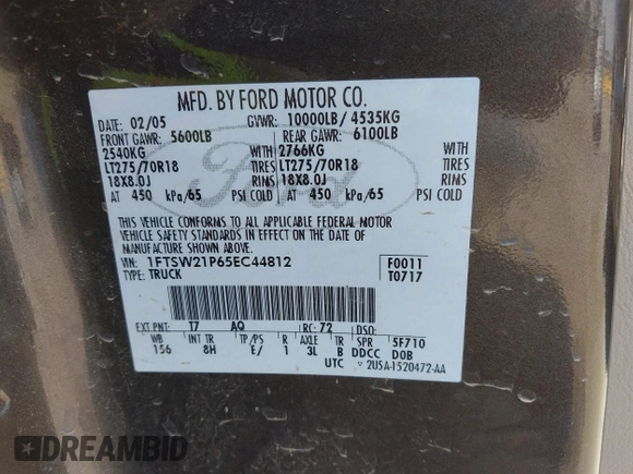 2005 Ford F-250 XL с VIN 1FTSW21P65EC44812, выставлен на аукционе IAAI как лот 42691573 с пробегом 76 672 миль миль и . История ставок и продаж доступна на DreamBid. Изображение 9.