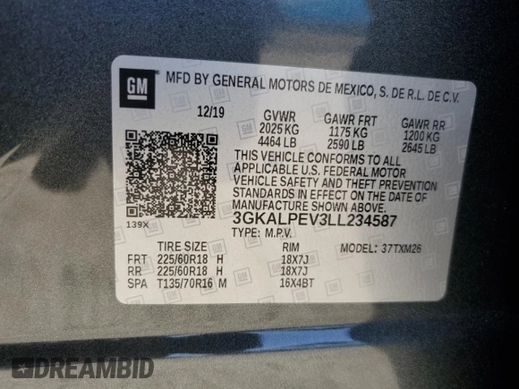 2020 GMC Terrain SLT with VIN 3GKALPEV3LL234587, listed as a Copart auction lot 61223135 with 37,989 mi miles and Salvage title. Bid and sale history available at DreamBid. Image 14.
