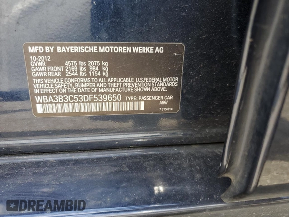 2013 BMW 3 Series 328i xDrive with VIN WBA3B3C53DF539650, listed as a Copart auction lot 60925975 with 70,914 mi miles and Salvage title. Bid and sale history available at DreamBid. Image 12.