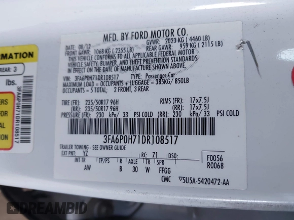 2013 Ford Fusion SE with VIN 3FA6P0H71DR108517, listed as a IAAI auction lot 42120754 with 214,061 mi miles and . Bid and sale history available at DreamBid. Image 9.