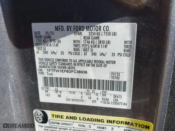 2013 Ford F-150 XL with VIN 1FTFW1EF8DFC38936, listed as a IAAI auction lot 41611514 with 149,456 mi miles. Bid and sale history available at carsss.com. Image 9.