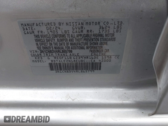 2024 Nissan Versa S z VIN 3N1CN8DV4RL865799, wystawiony jako IAAI lot #42044021 z przebiegiem 13 282 mil mil oraz . Historia ofert i sprzedaży dostępna na DreamBid. Obrazek 9.