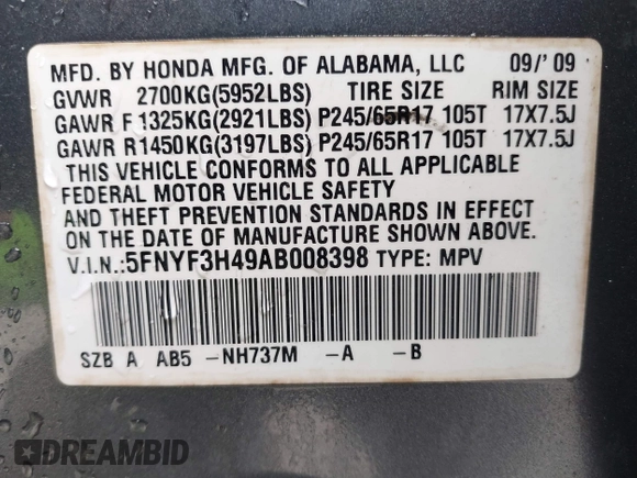 2010 Honda Pilot EX with VIN 5FNYF3H49AB008398, listed as a IAAI auction lot 41516911 with 43,835 mi miles and . Bid and sale history available at carsss.com. Image 9.