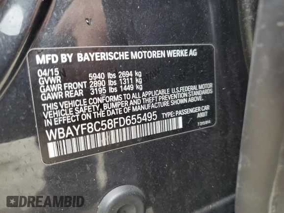 2015 BMW 7 Series 750Li xDrive with VIN WBAYF8C58FD655495, listed as a Copart auction lot 61584405 with 105,249 mi miles and Clean title. Bid and sale history available at DreamBid. Image 12.