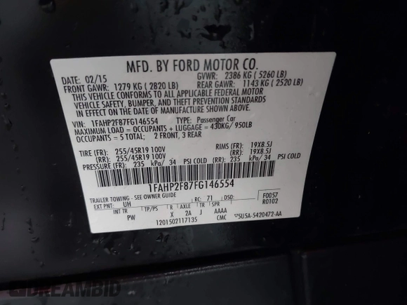 2015 Ford Taurus Limited with VIN 1FAHP2F87FG146554, listed as a IAAI auction lot 41712502 with 103,117 mi miles. Bid and sale history available at carsss.com. Image 9.