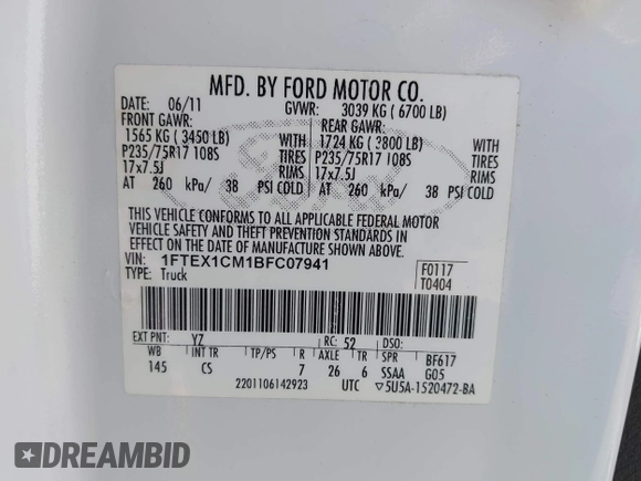 2011 Ford F-150 XL с VIN 1FTEX1CM1BFC07941, выставлен на аукционе IAAI как лот 42653459 с пробегом 152 557 миль миль и . История ставок и продаж доступна на DreamBid. Изображение 9.
