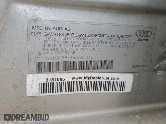 2005 Audi A4 2.0T with VIN WAUAF68E35A451475, listed as a Copart auction lot 78827694 with 243,856 mi miles and Salvage Title. Bid and sale history available at carsss.com. Image 12.