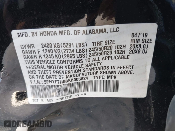 2019 Honda Passport EX-L with VIN 5FNYF7H58KB005624, listed as a IAAI auction lot 41344058 with 63,867 mi miles and . Bid and sale history available at carsss.com. Image 9.