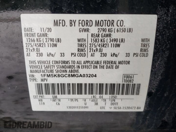 2021 Ford Explorer ST with VIN 1FM5K8GC8MGA03204, listed as a Copart auction lot 87407344 with 62,416 mi miles and Salvage Title. Bid and sale history available at carsss.com. Image 13.