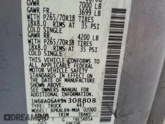 2009 Nissan Titan XE with VIN 1N6BA06A49N308808, listed as a Copart auction lot 51779705 with 246,325 mi miles and Salvage Title. Bid and sale history available at carsss.com. Image 15.