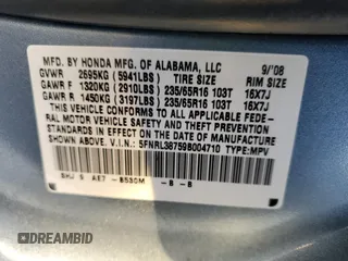 2009 Honda Odyssey EX-L with VIN 5FNRL38759B004710, listed as a Copart auction lot 54210425 with 171,674 mi miles and Salvage Title. Bid and sale history available at DreamBid. Image 13.