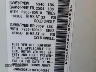 2008 Infiniti FX35 with VIN JNRAS08U18X104554, listed as a Copart auction lot 65936164 with 192,679 mi miles and Salvage Title. Bid and sale history available at carsss.com. Image 13.