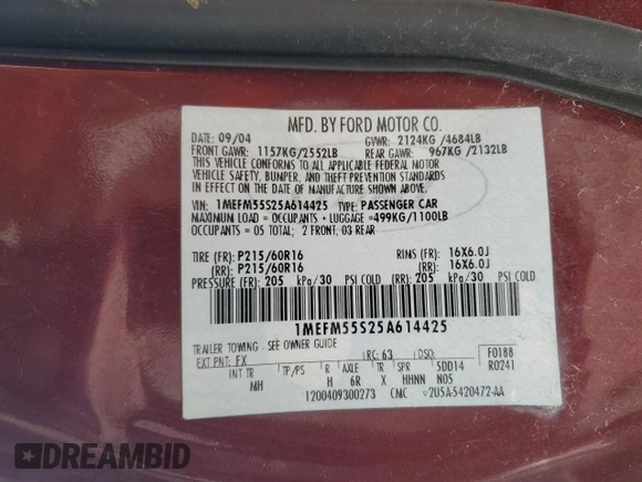 2005 Mercury Sable LS z VIN 1MEFM55S25A614425, wystawiony jako Copart lot #46335805 z przebiegiem 58 579 mil mil oraz Szkoda całkowita • Salvage title. Historia ofert i sprzedaży dostępna na DreamBid. Obrazek 13.