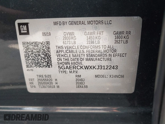 2019 Buick Enclave Premium with VIN 5GAERCKWXKJ312243, listed as a IAAI auction lot 41699204 with 88,540 mi miles and . Bid and sale history available at DreamBid. Image 9.