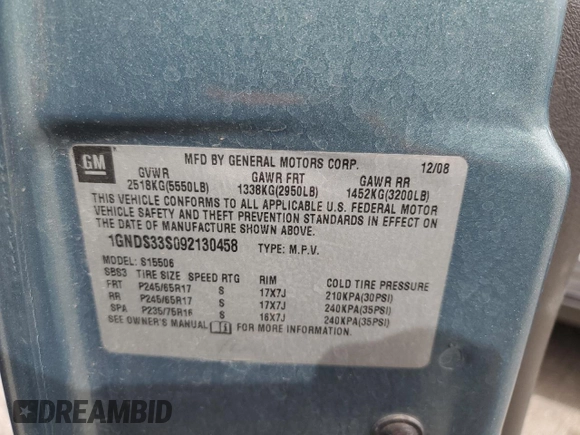 2009 Chevrolet TrailBlazer 1LT with VIN 1GNDS33S092130458, listed as a Copart auction lot 46877675 with 113,885 mi miles and Salvage Title. Bid and sale history available at DreamBid. Image 13.