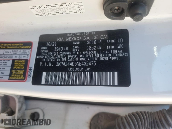 2022 Kia Rio LX with VIN 3KPA24AD5NE432475, listed as a Copart auction lot 42524575 with 18,593 mi miles and Salvage Title. Bid and sale history available at DreamBid. Image 13.