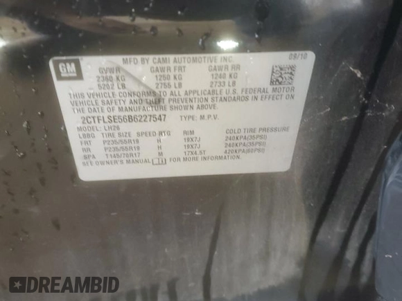 2011 GMC Terrain SLE-2 with VIN 2CTFLSE56B6227547, listed as a Copart auction lot 53938295 with 189,462 mi miles and Salvage Title. Bid and sale history available at DreamBid. Image 13.