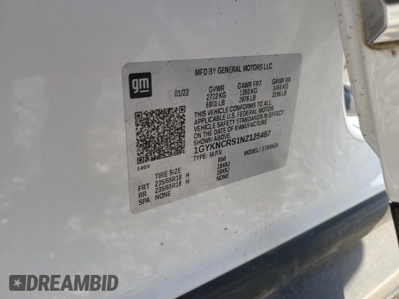 2022 Cadillac XT5 FWD Premium Luxury with VIN 1GYKNCRS1NZ125487, listed as a Copart auction lot 42081675 with 67,702 mi miles and Salvage title. Bid and sale history available at DreamBid. Image 15.