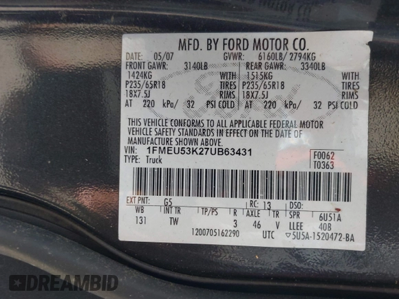 2007 Ford Explorer Sport Trac Limited with VIN 1FMEU53K27UB63431, listed as a IAAI auction lot 42409840 with 216,301 mi miles and . Bid and sale history available at DreamBid. Image 9.