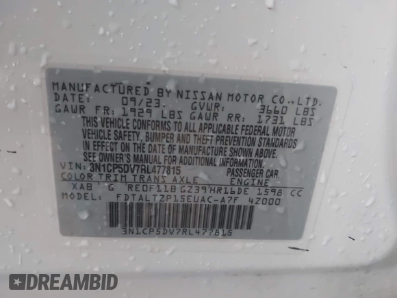 2024 Nissan Kicks SR with VIN 3N1CP5DV7RL477815, listed as a IAAI auction lot 41711502 with 17,198 mi miles and . Bid and sale history available at DreamBid. Image 9.