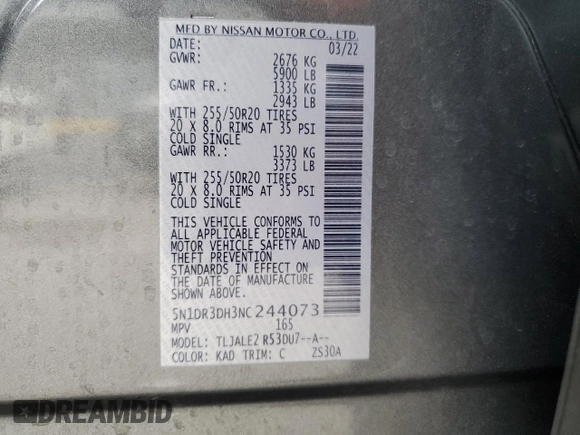 2022 Nissan Pathfinder Platinum with VIN 5N1DR3DH3NC244073, listed as a Copart auction lot 43459905 with 76,989 mi miles and Salvage title. Bid and sale history available at DreamBid. Image 15.