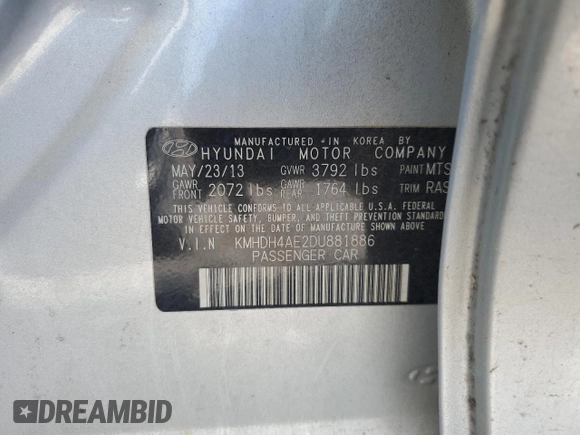 2013 Hyundai Elantra GLS с VIN KMHDH4AE2DU881886, выставлен на аукционе Copart как лот 52781275 с пробегом 64 252 миль миль и Списание • Salvage title. История ставок и продаж доступна на DreamBid. Изображение 14.