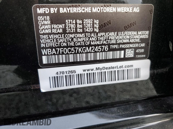 2019 BMW 7 Series 750i z VIN WBA7F0C57KGM24576, wystawiony jako Copart lot #47778515 z przebiegiem 94 701 mil mil oraz Szkoda całkowita • Salvage title. Historia ofert i sprzedaży dostępna na DreamBid. Obrazek 13.