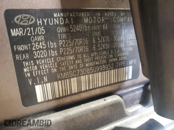 2005 Hyundai Santa Fe GLS with VIN KM8SC73D85U998952, listed as a Copart auction lot 51576335 with 0 mi miles and Salvage Title. Bid and sale history available at carsss.com. Image 15.