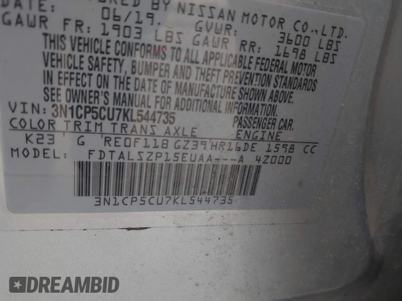 2019 Nissan Kicks S with VIN 3N1CP5CU7KL544735, listed as a IAAI auction lot 41581599 with 135,348 mi miles and . Bid and sale history available at DreamBid. Image 9.