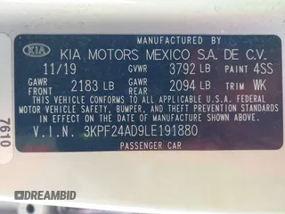 2020 Kia Forte LXS with VIN 3KPF24AD9LE191880, listed as a IAAI auction lot 42036755 with 177,570 mi miles and . Bid and sale history available at carsss.com. Image 9.
